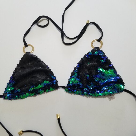 Beach Bunny Siren's Song Sequins Green/Black Triangle Bikini Top Size M - Picture 6 of 11